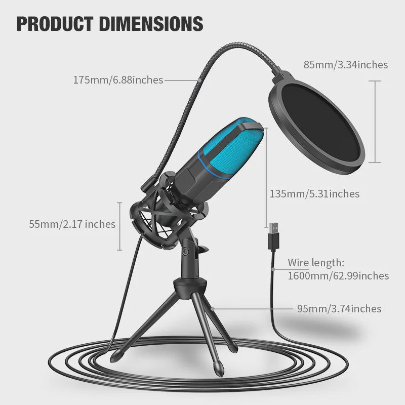RGB USB Microfoon voor Podcast, Streaming & Gaming - Plug & Play Condensator Microfoon