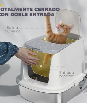 Pawhut Luxe RVS Kattenbak met Klepdeksel, Metalen Schep & Geurfilter - Wit