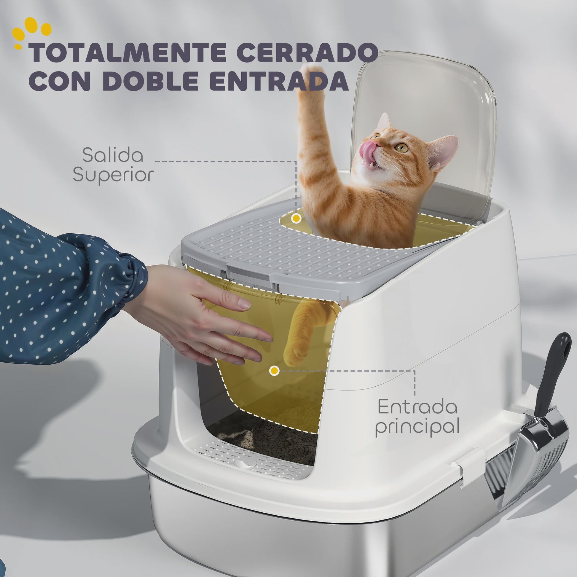 Pawhut Luxe RVS Kattenbak met Klepdeksel, Metalen Schep & Geurfilter - Wit