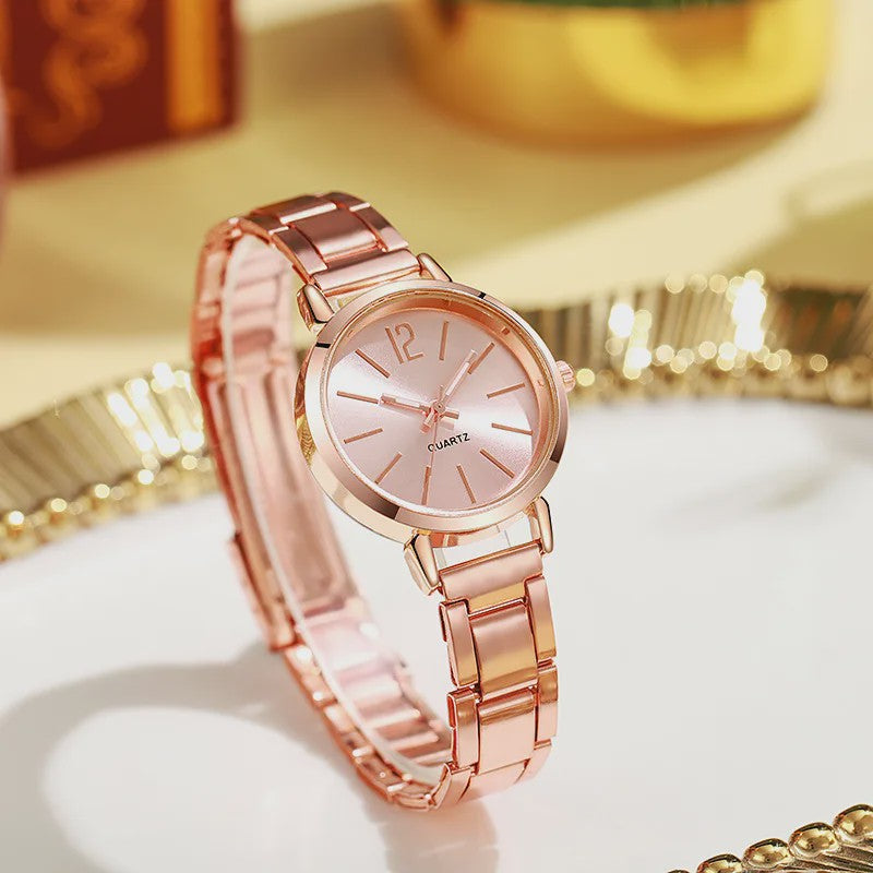 Luxe Dameshorloge Set met Minimalistische Wijzerplaat en Goudkleurige Armband - Stijlvol Quartz Polshorloge