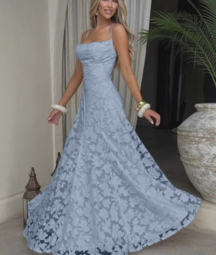 Elegante Jacquard Maxi Jurk met Blote Rug en Vierkante Hals - Feestelijk & Chic
