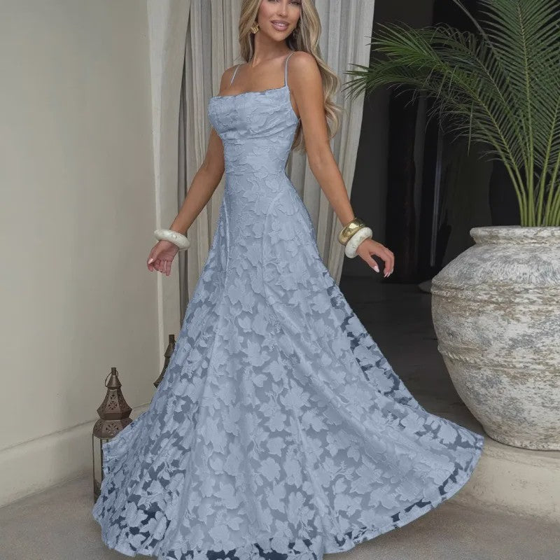 Elegante Jacquard Maxi Jurk met Blote Rug en Vierkante Hals - Feestelijk & Chic