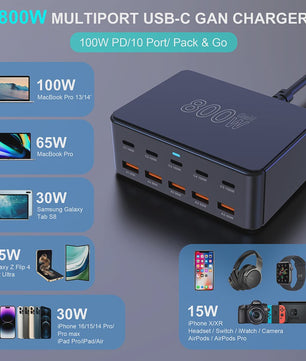 800W GaN Snellader met 10 Poorten (5x USB-C 100W, 5x USB-A 60W) - PD3.0 PPS QC3.0
