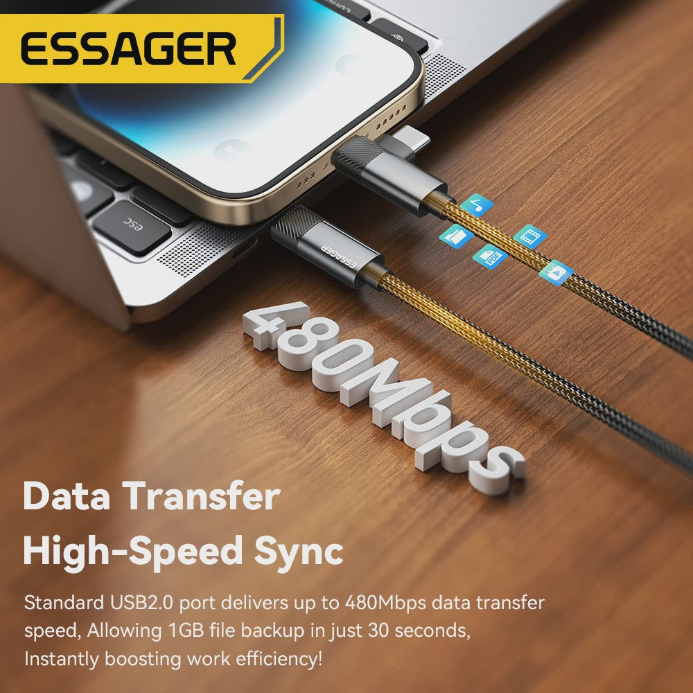 Essager 2-in-1 Hoek Kabel: PD 65W Snelladen & Data | USB-C & Lightning
