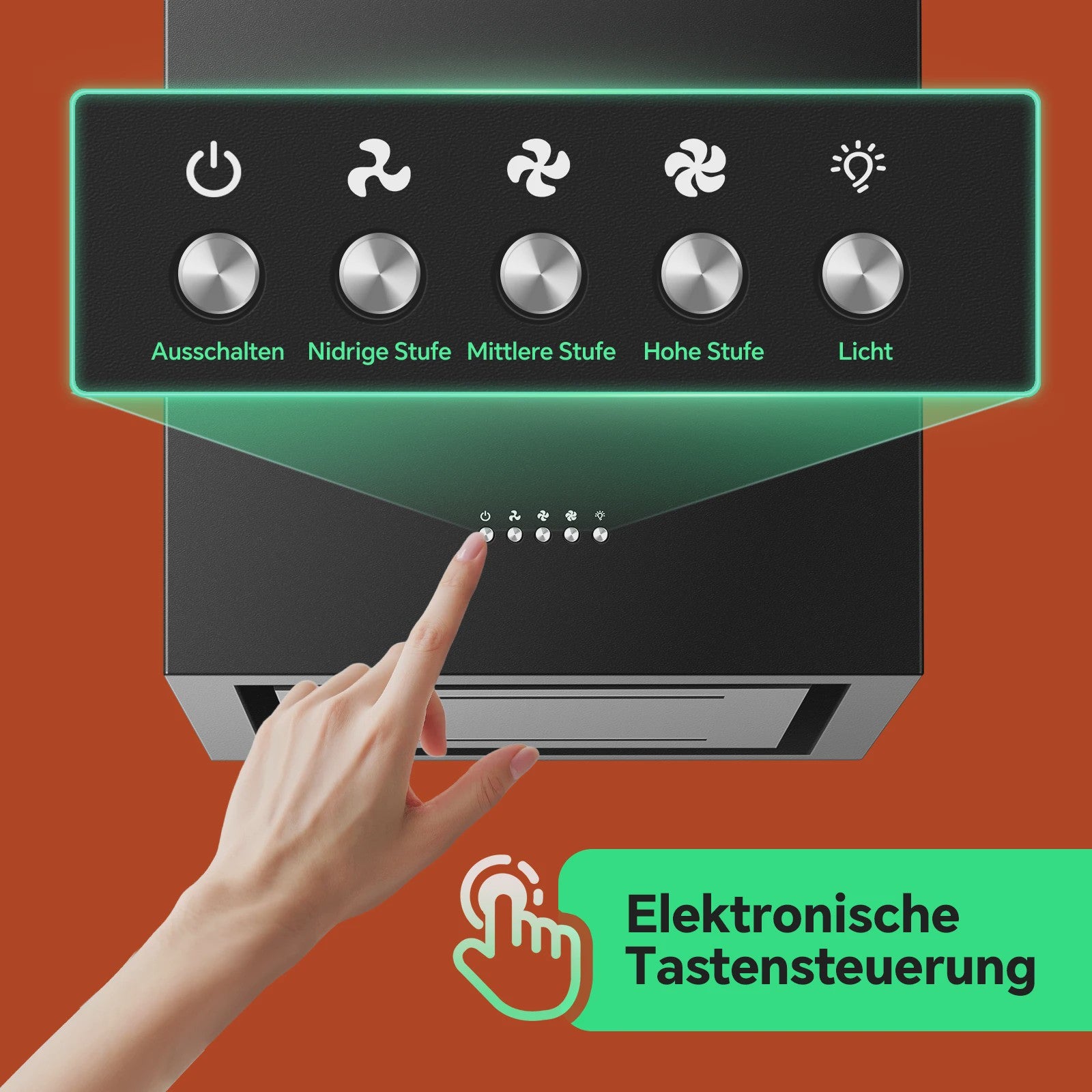 Zwarte Eiland Afzuigkap 800m³/u, Energie A+, 5-laags Filter, LED, Zonder Afvoer, Drukknop Bediening