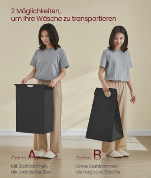 VASAGLE Wasmand met 2 Planken, Uitschuifbaar & Verwijderbare Zak (65L) - Ideaal voor Badkamer & Wasruimte