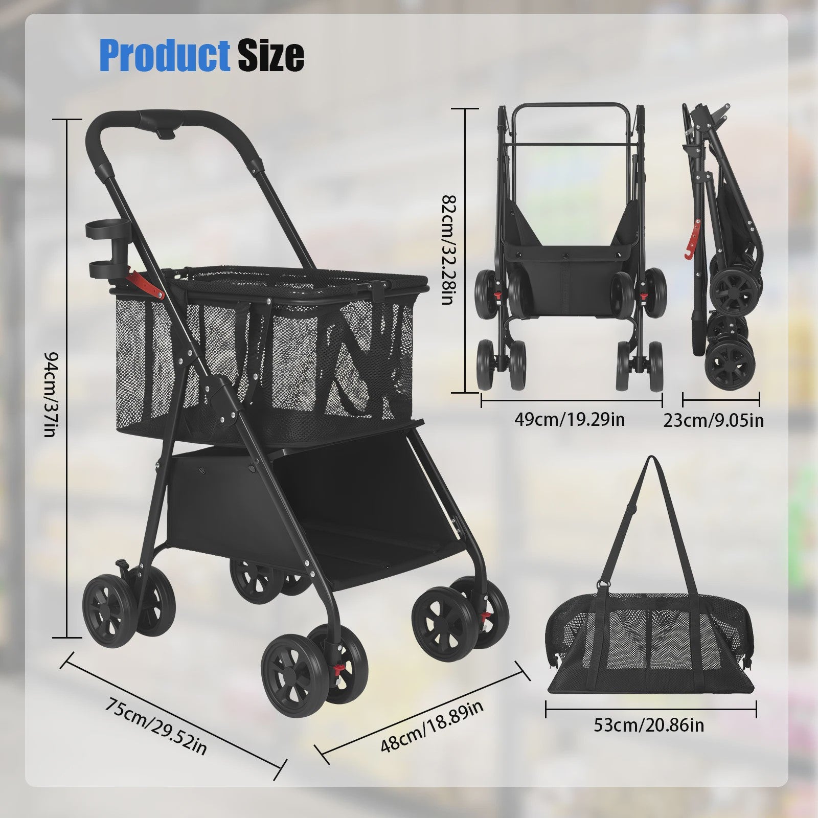 Folding Shopping Trolley with 2-Tier Storage, Multi Use Grocery Carts with 360° Wheels & Removable Tote Bag for Shopping Laundry