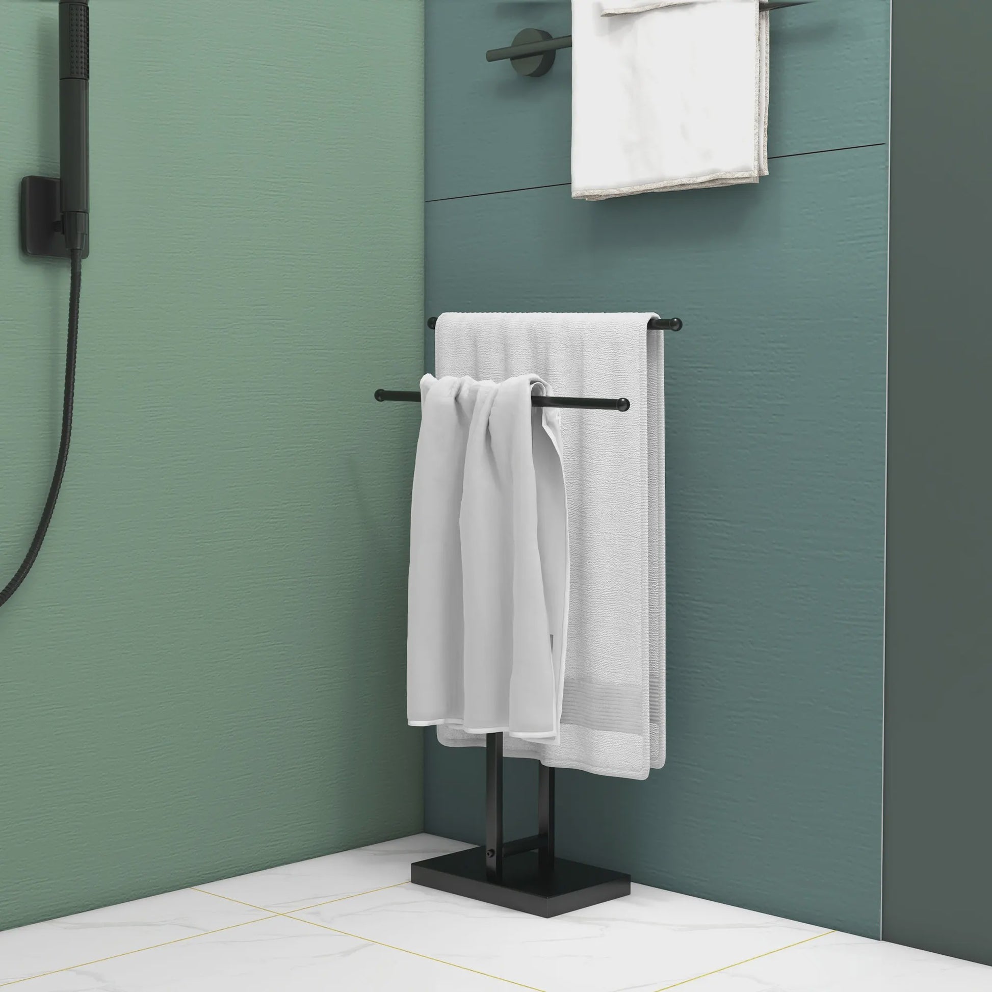 HOMCOM Handdoekhouder met 2 Niveaus - Zwart Metalen Staande Handdoekrek 50x18.5x85 cm
