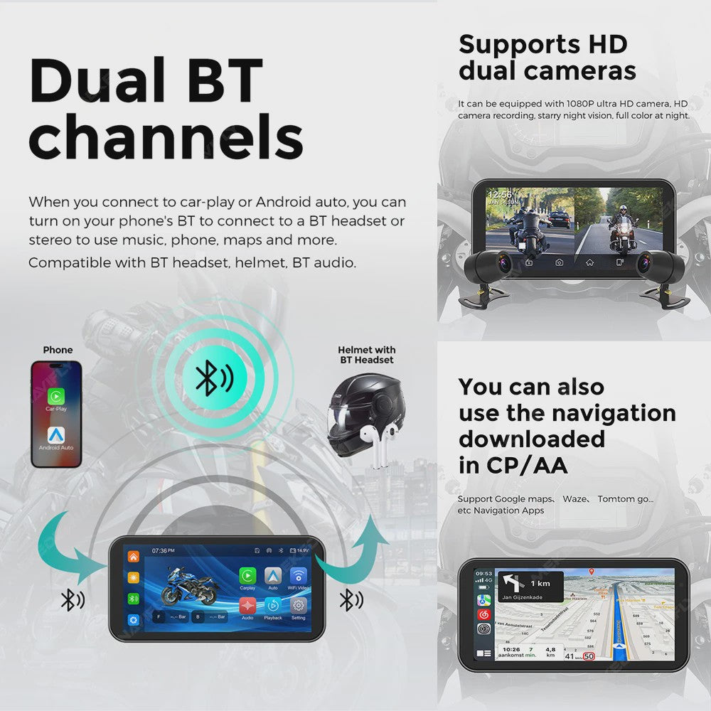 6.25" Motorfiets Navigatie & DVR met Draadloze CarPlay/Android Auto - Waterdicht IP67