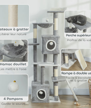 PawHut Kattenkrabpaal 165 cm Grijs - Klimtoren met Krabpalen, Hangmat, Platforms en Speeltjes