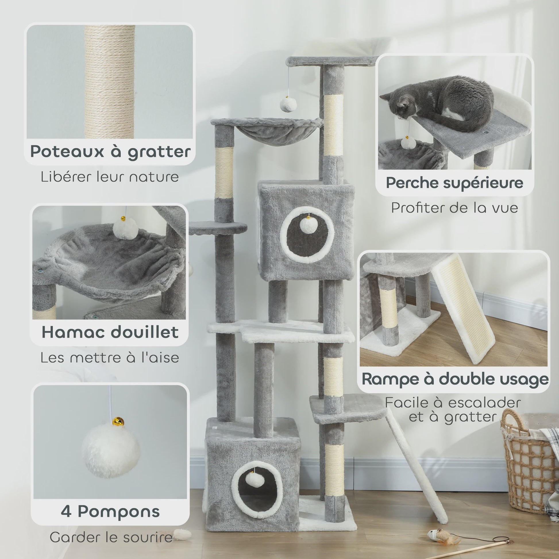 PawHut Kattenkrabpaal 165 cm Grijs - Klimtoren met Krabpalen, Hangmat, Platforms en Speeltjes