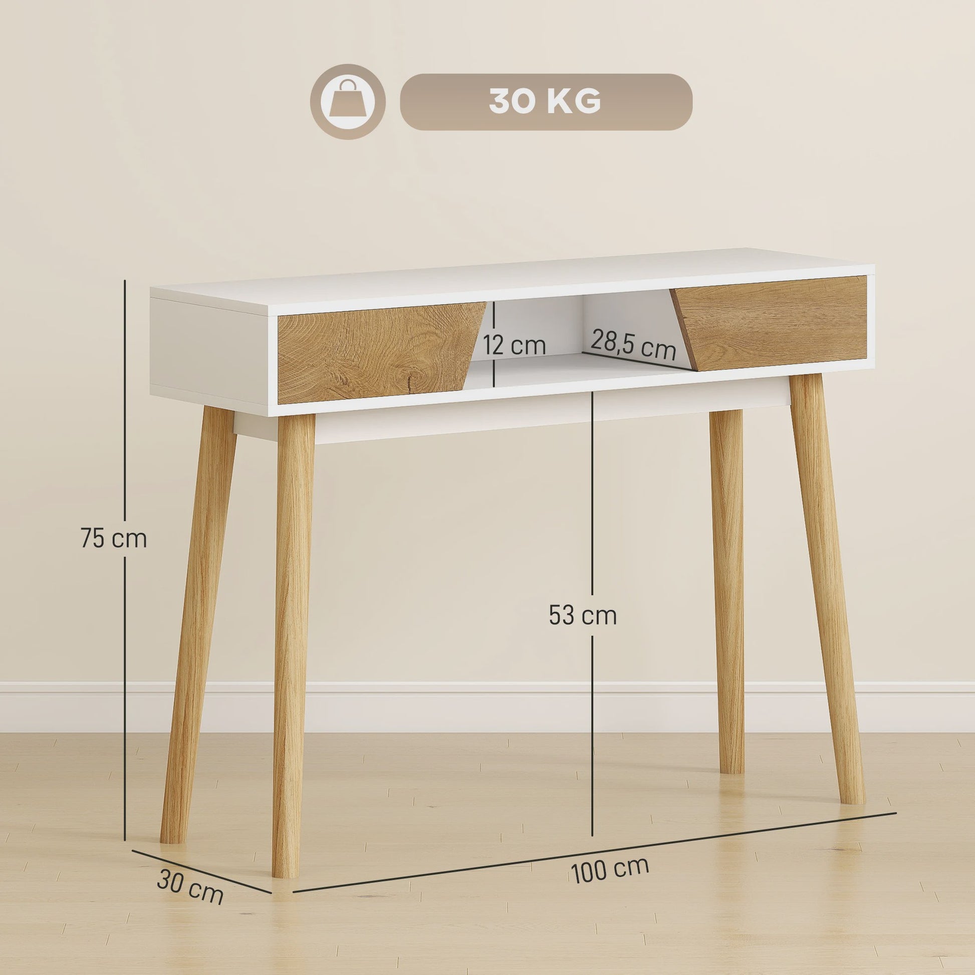 Stijlvolle Hal Console Tafel met 2 Lades en Houten Poten - Wit