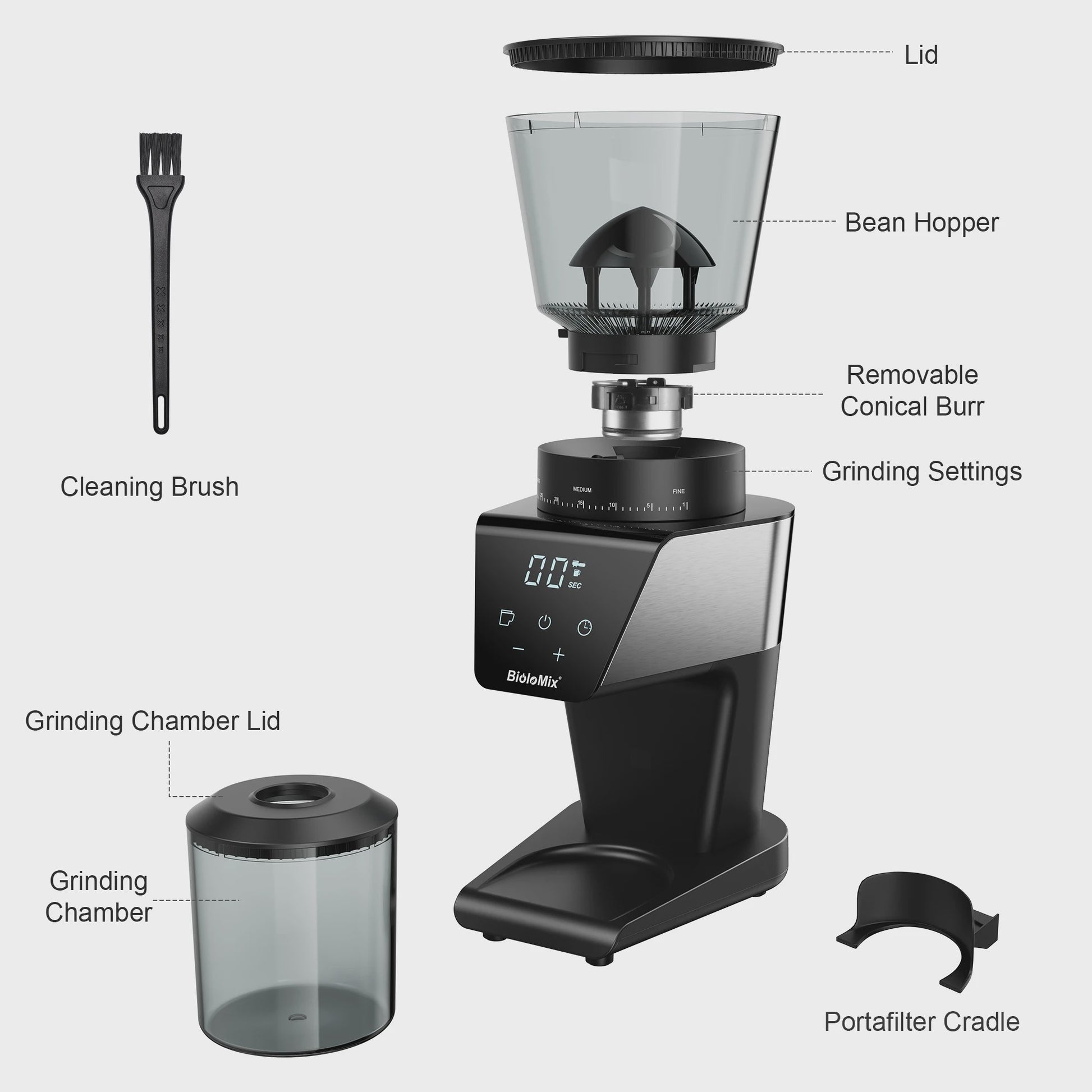 BioloMix Elektrische Koffiemolen met 30 Instellingen & Timer - Perfect voor Espresso, Filterkoffie & Meer