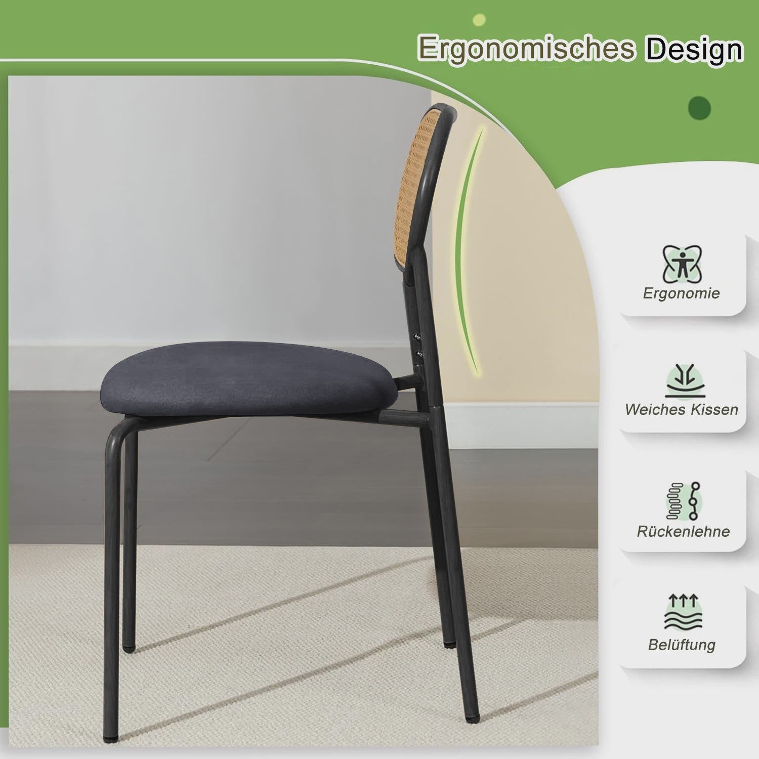 Set van 2 Eetkamerstoelen met Rotan Rugleuning - Vintage Design - Zwart/Houtkleur