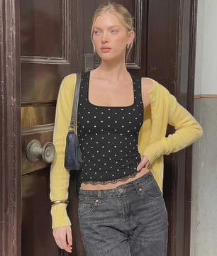 Zwarte Polka Dot Crop Top met Vierkante Hals en Kanten Randje - Zomer Streetwear