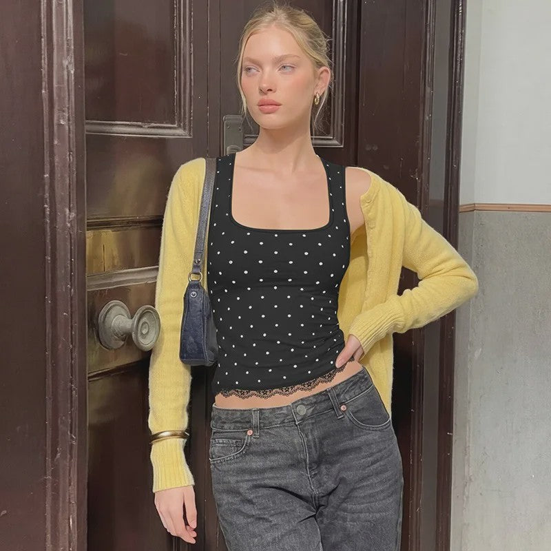 Zwarte Polka Dot Crop Top met Vierkante Hals en Kanten Randje - Zomer Streetwear