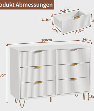 Stijlvol Wit Sideboard Kast met 6 Lades en Gouden Metalen Poten
