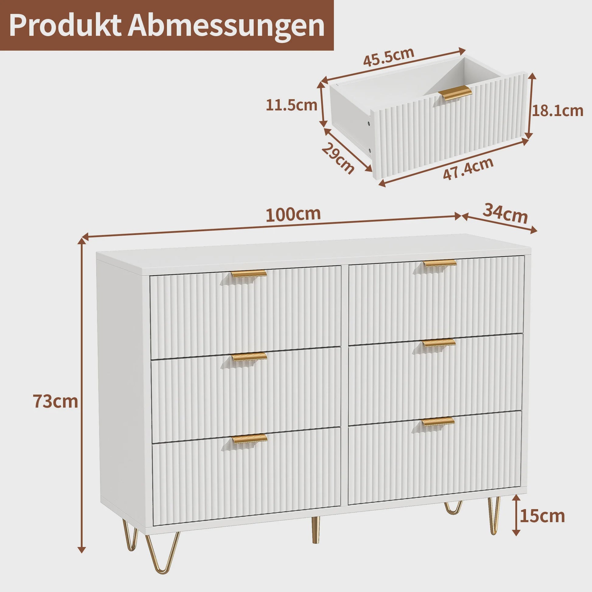 Stijlvol Wit Sideboard Kast met 6 Lades en Gouden Metalen Poten