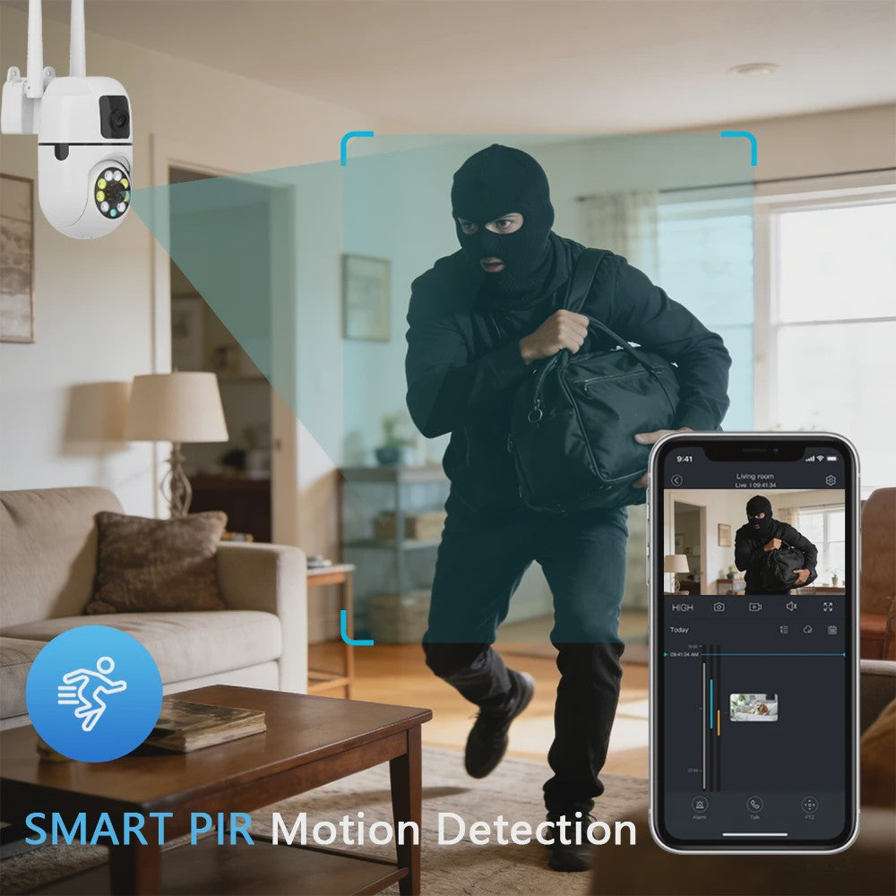 2x WiFi Dual Lens Beveiligingscamera - Waterdicht, Binnen/Buiten, Bewegingsdetectie, Cloud Opslag