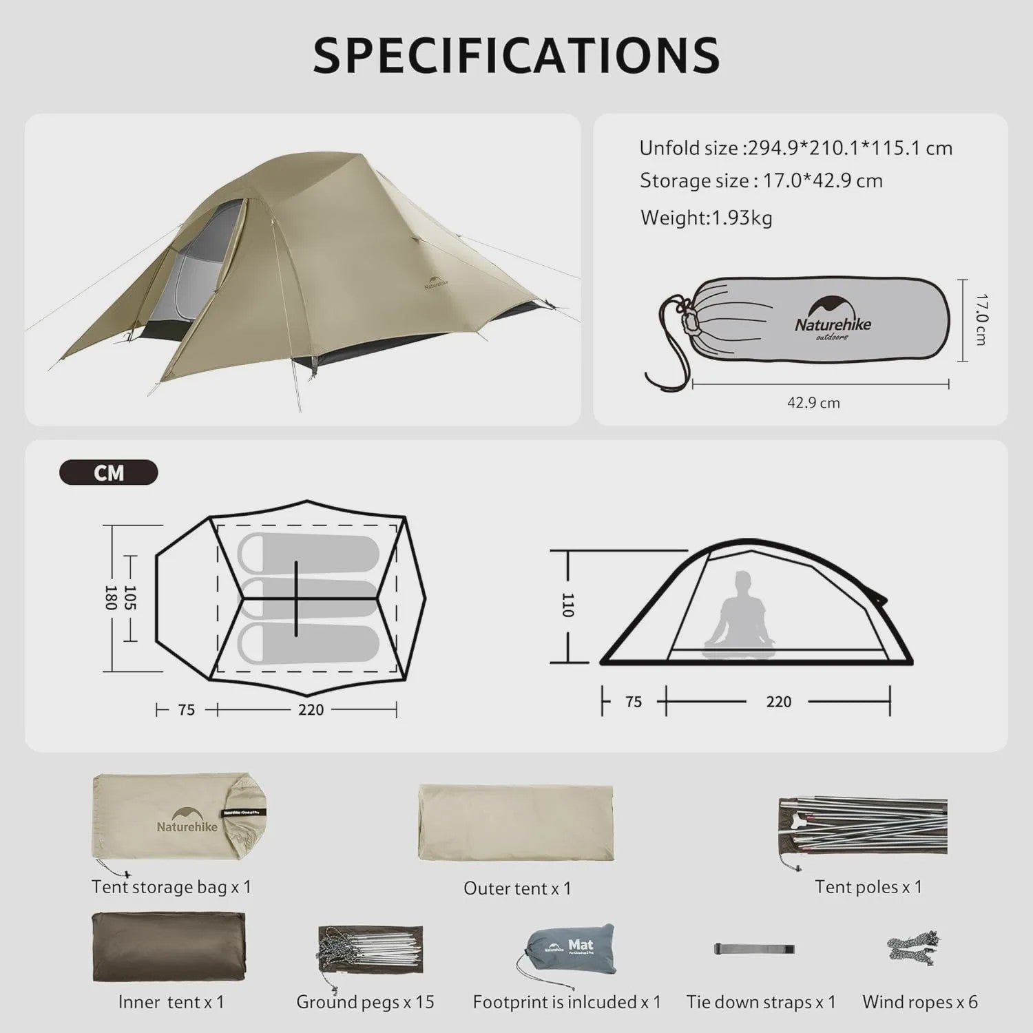 Naturehike Cloud Up PRO 3-Persoons Tent - Ultralicht & Waterdicht voor Outdoor Avonturen