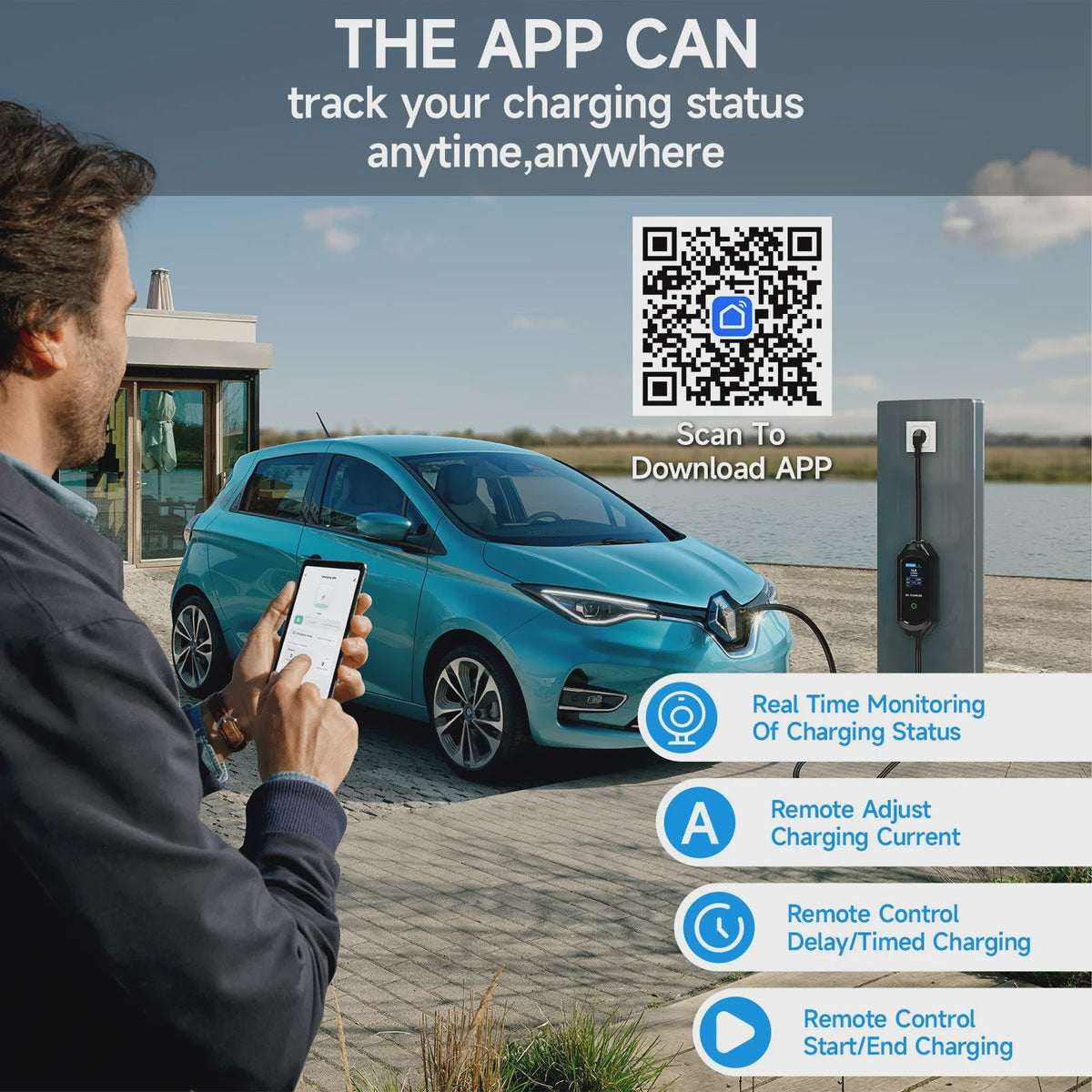 Draagbare EV Charger 3.5/7KW Type 2, 16A Snel Laadkabel met WiFi & APP Controle