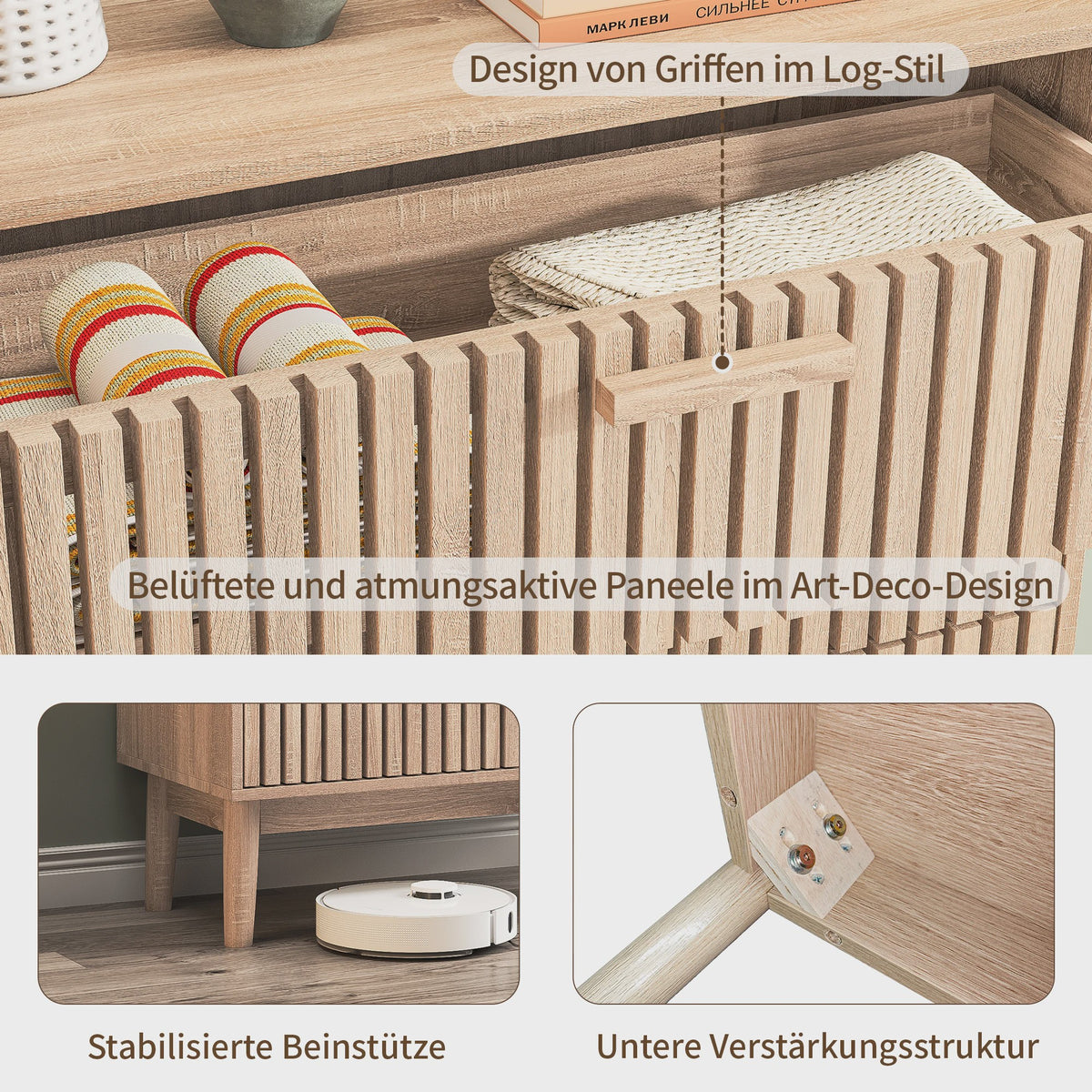 Brede Ladekast 100cm Natuurlijk Hout met 6 Laden - Stijlvolle Houten Opbergkast met Lamellenfront en Anti-Kip Beveiliging