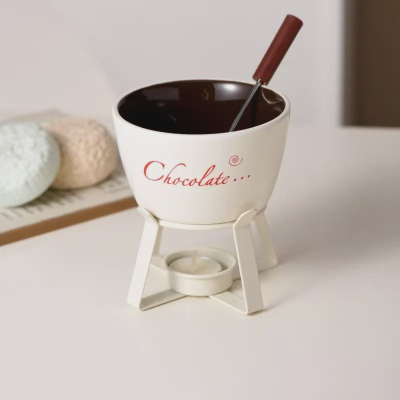 Keramische Chocolade Fondue Set - Smelt Chocolade, Kaas & IJs - Inclusief Vork - Perfect Valentijnscadeau