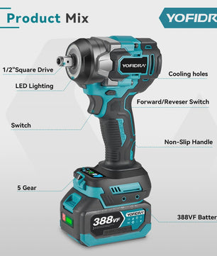 YOFIDRA Accu Klopboormachine 1200Nm Brushless - 5 Versnellingen, Draadloos, voor Makita 18V Accu