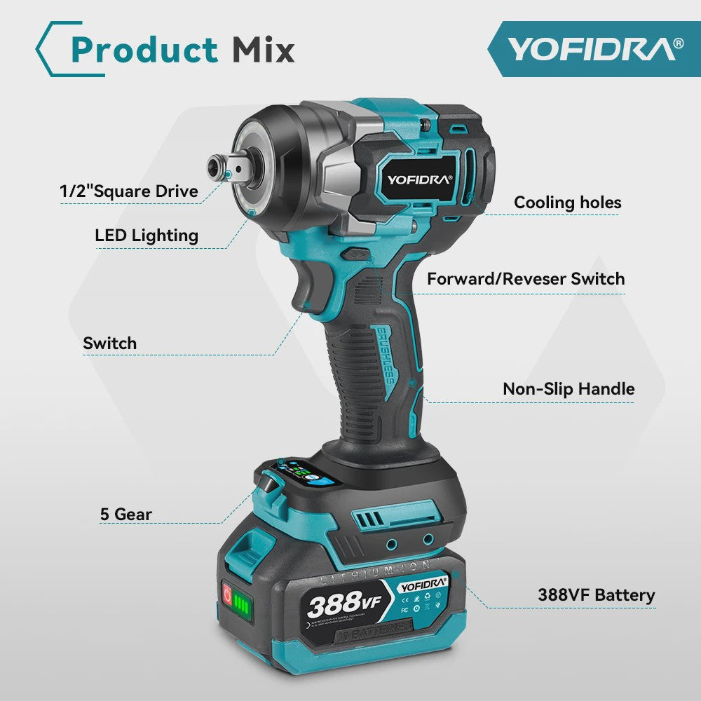 YOFIDRA Accu Klopboormachine 1200Nm Brushless - 5 Versnellingen, Draadloos, voor Makita 18V Accu