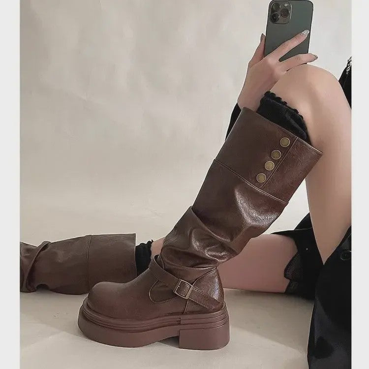 Stoere Punk Hoge Laarzen met Plateauzool en Gesp - Dames
