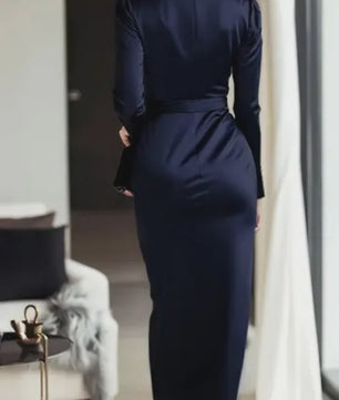 Elegante Damesjurk met Lange Mouwen en Tailleband - Hepburn Stijl