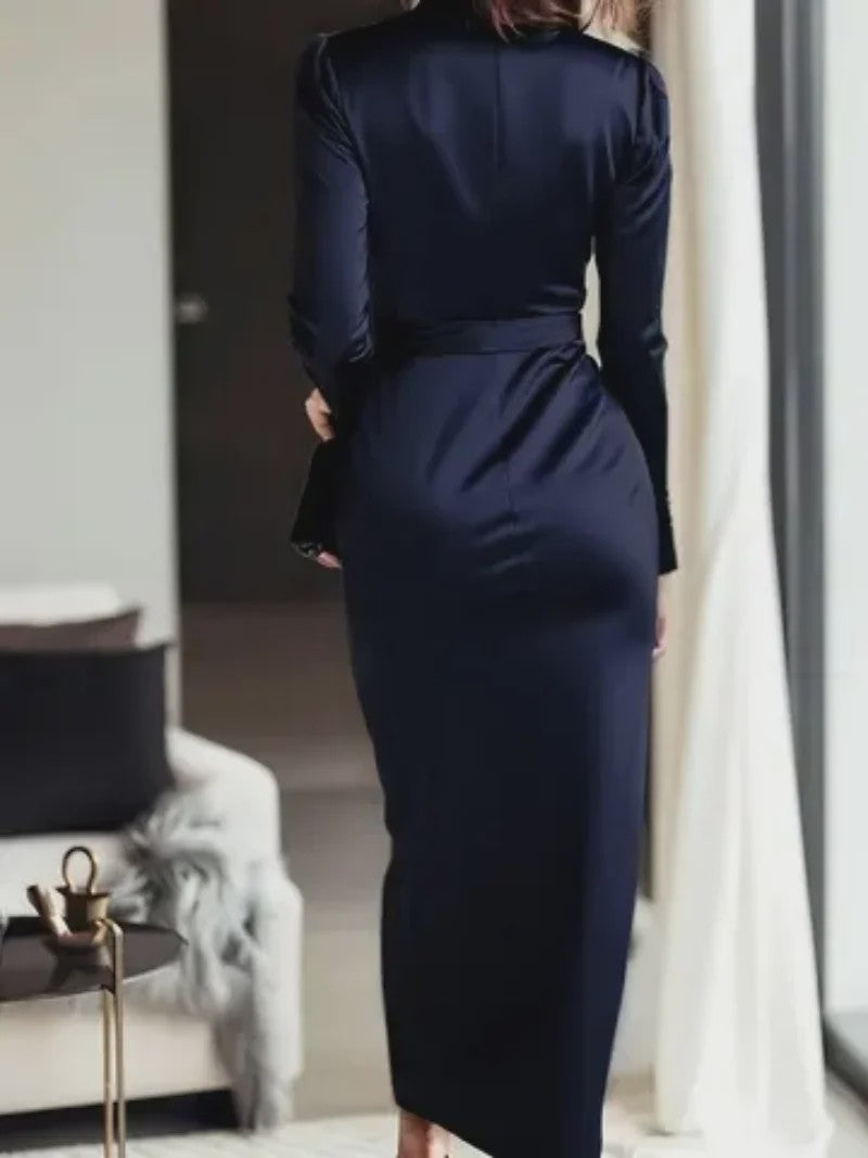 Elegante Damesjurk met Lange Mouwen en Tailleband - Hepburn Stijl