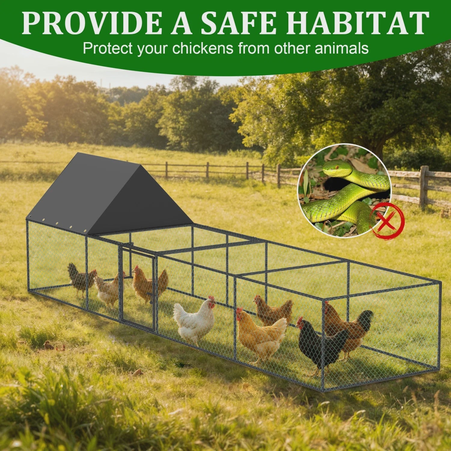 Ruime Metalen Kippenren 319cm - Walk-in Kippenhok met Dak en Nylon Netting