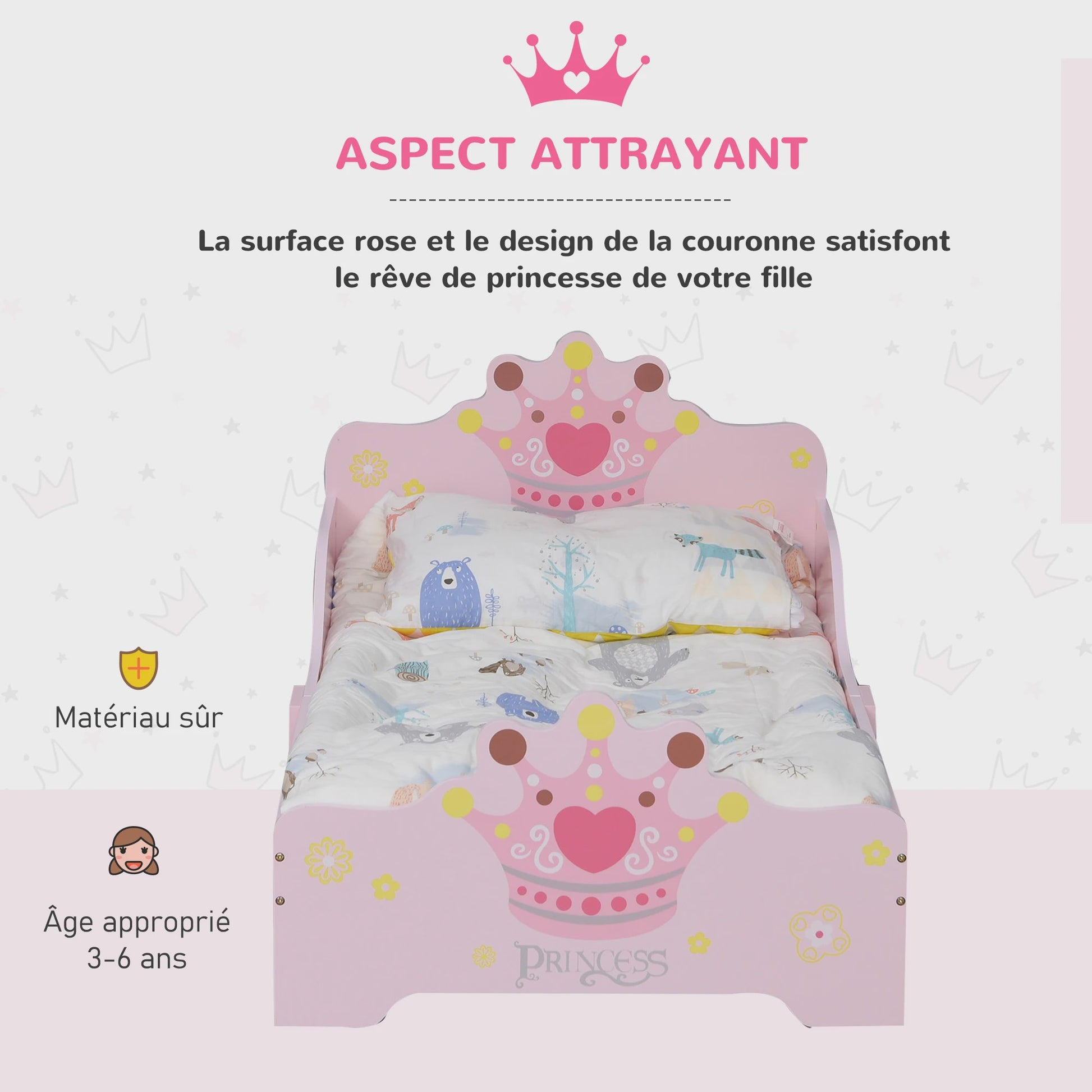 Roze Prinsessen Kinderbed 140x70 cm met Kroon Design - MDF Hout