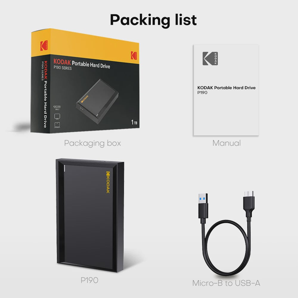 KODAK P190 Externe Harde Schijf 500GB/1TB - USB 3.0 Draagbare Opslag voor PC & Laptop