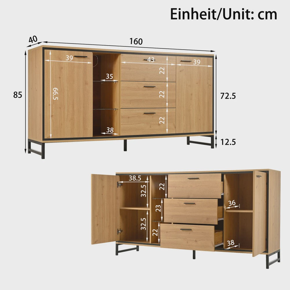 Modern Dressoir Zwart met Houtlook - 3 Lades & Opbergruimte