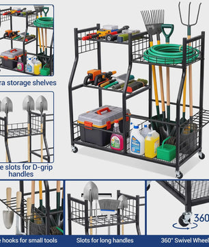 Mobiele Tuingereedschap Organizer - 3-Laags Metalen Rek met Wielen