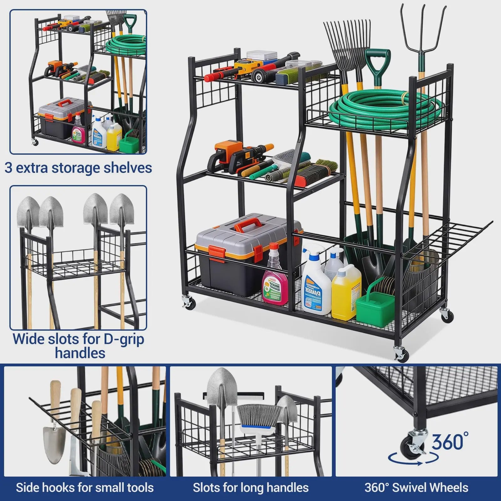 Mobiele Tuingereedschap Organizer - 3-Laags Metalen Rek met Wielen