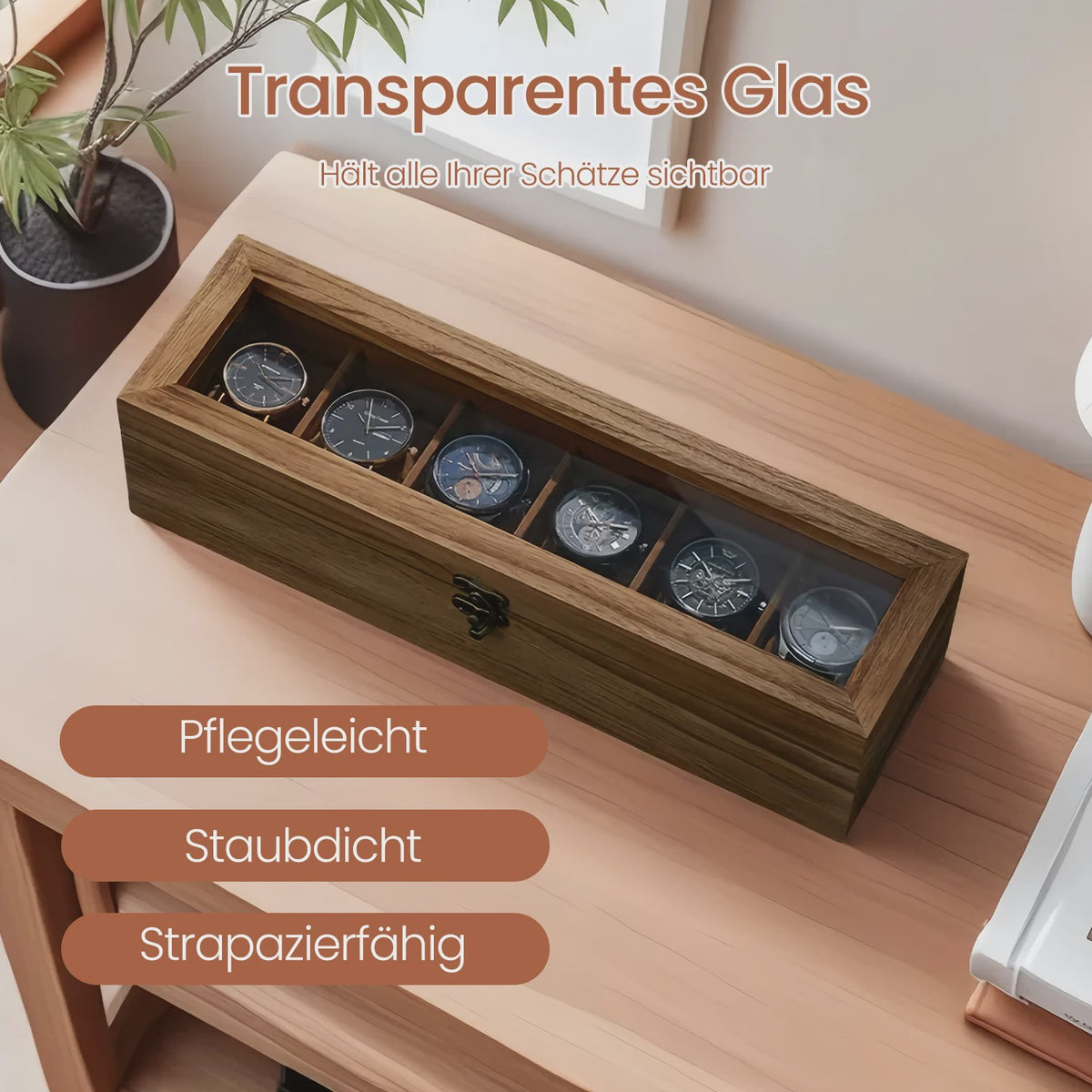 Luxe Houten Horlogedoos met 6 Vakken en Glazen Deksel - Stijlvolle Opberger
