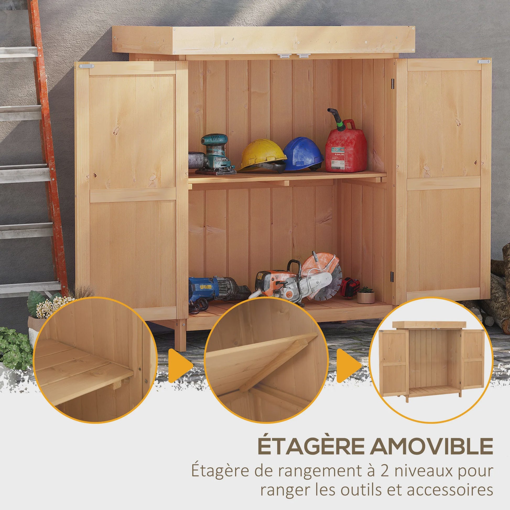 Outsunny Houten Tuinkast op Poten met Dubbele Deuren en Schuin Dak - 74x43x88 cm