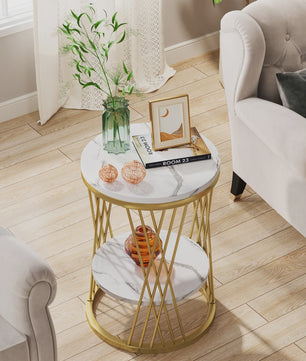 Moderne Ronde Bijzettafel met 2 Niveaus - Wit Marmerlook & Goud