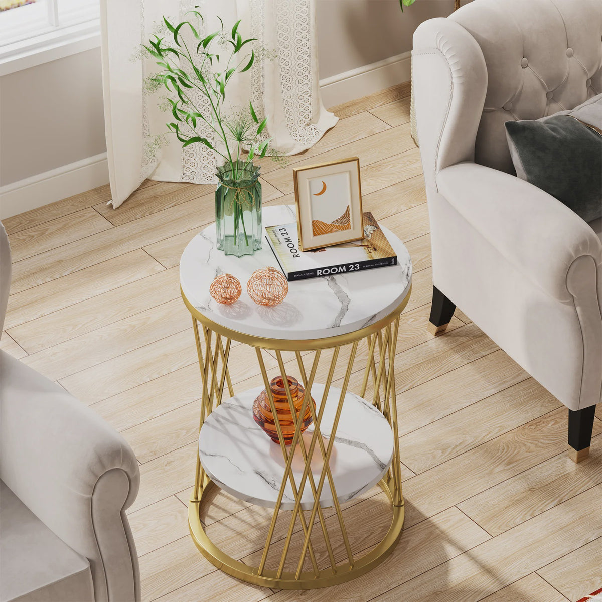 Moderne Ronde Bijzettafel met 2 Niveaus - Wit Marmerlook & Goud