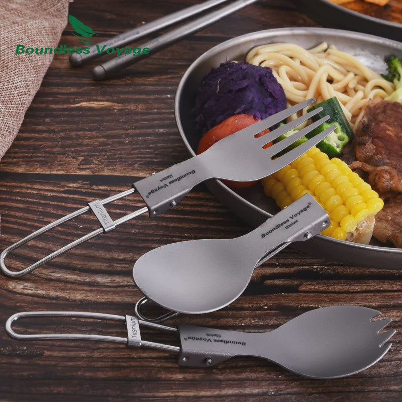 Titanium Camping Bestek Set - Opvouwbaar Lepel, Vork, Spork & Eetstokjes voor Outdoor Picknick