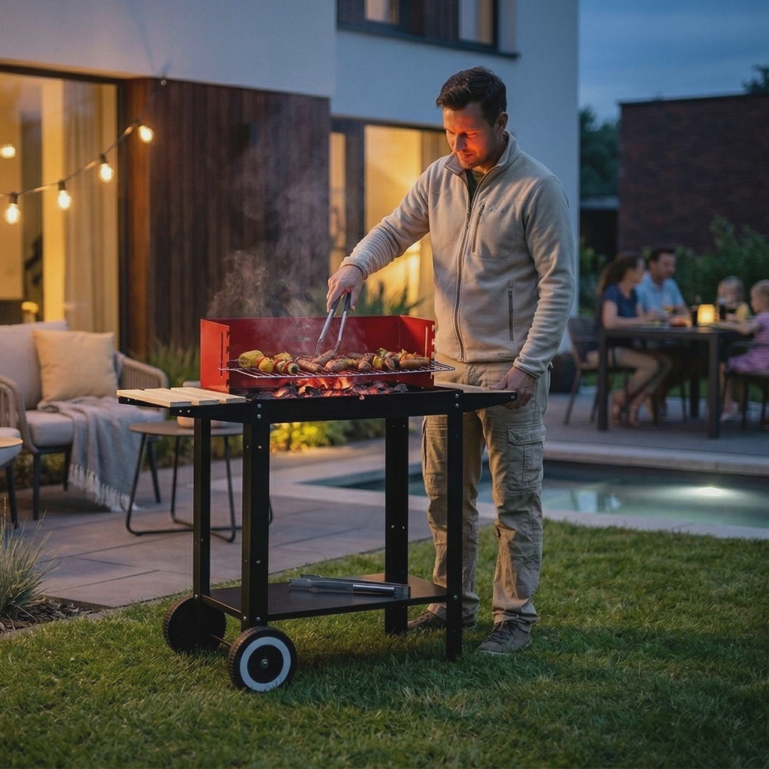 Mobiele Houtskool BBQ Grill met Wielen, Zijplanken en Accessoires - 40x40cm Grilloppervlak