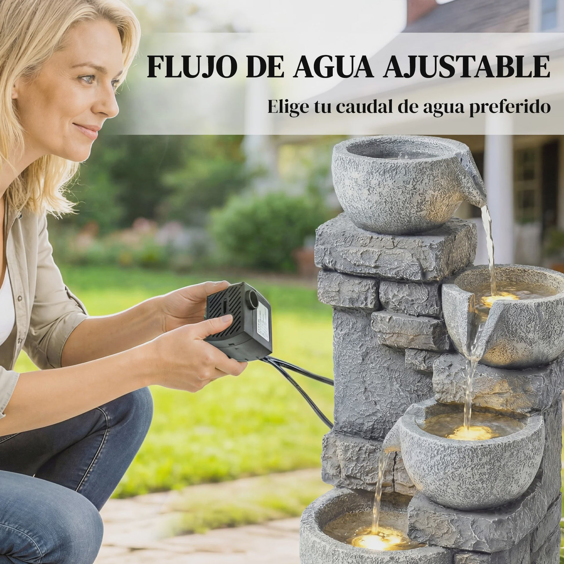 Outsunny Waterval Fontein met LED Verlichting en Verstelbare Pomp - Sfeervolle Tuindecoratie