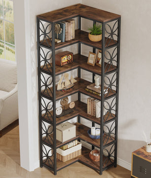 L-Vormige Hoek Boekenkast 7-Laags - 79 Inch Hout & Metaal - Vrijstaand