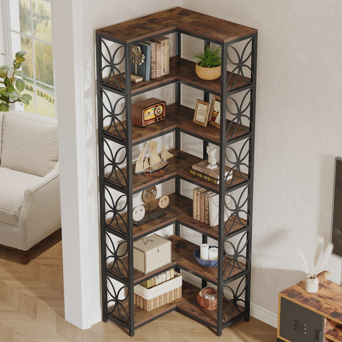 L-Vormige Hoek Boekenkast 7-Laags - 79 Inch Hout & Metaal - Vrijstaand