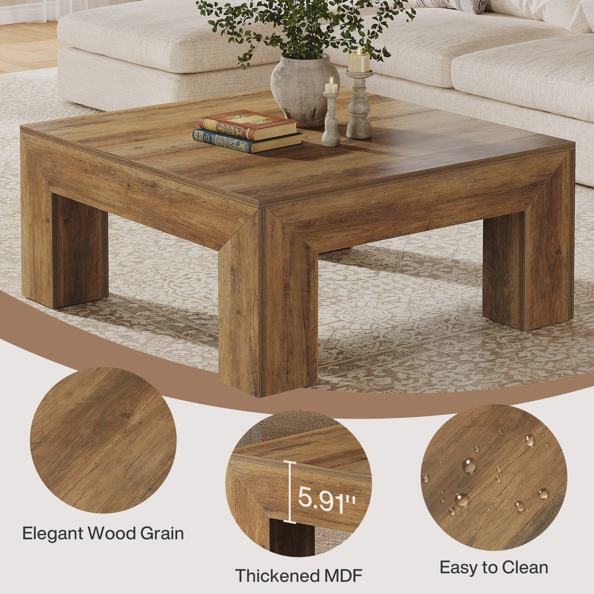 Vierkante Salontafel Rustiek Bruin - 100x100cm - Stevig Houten Onderstel