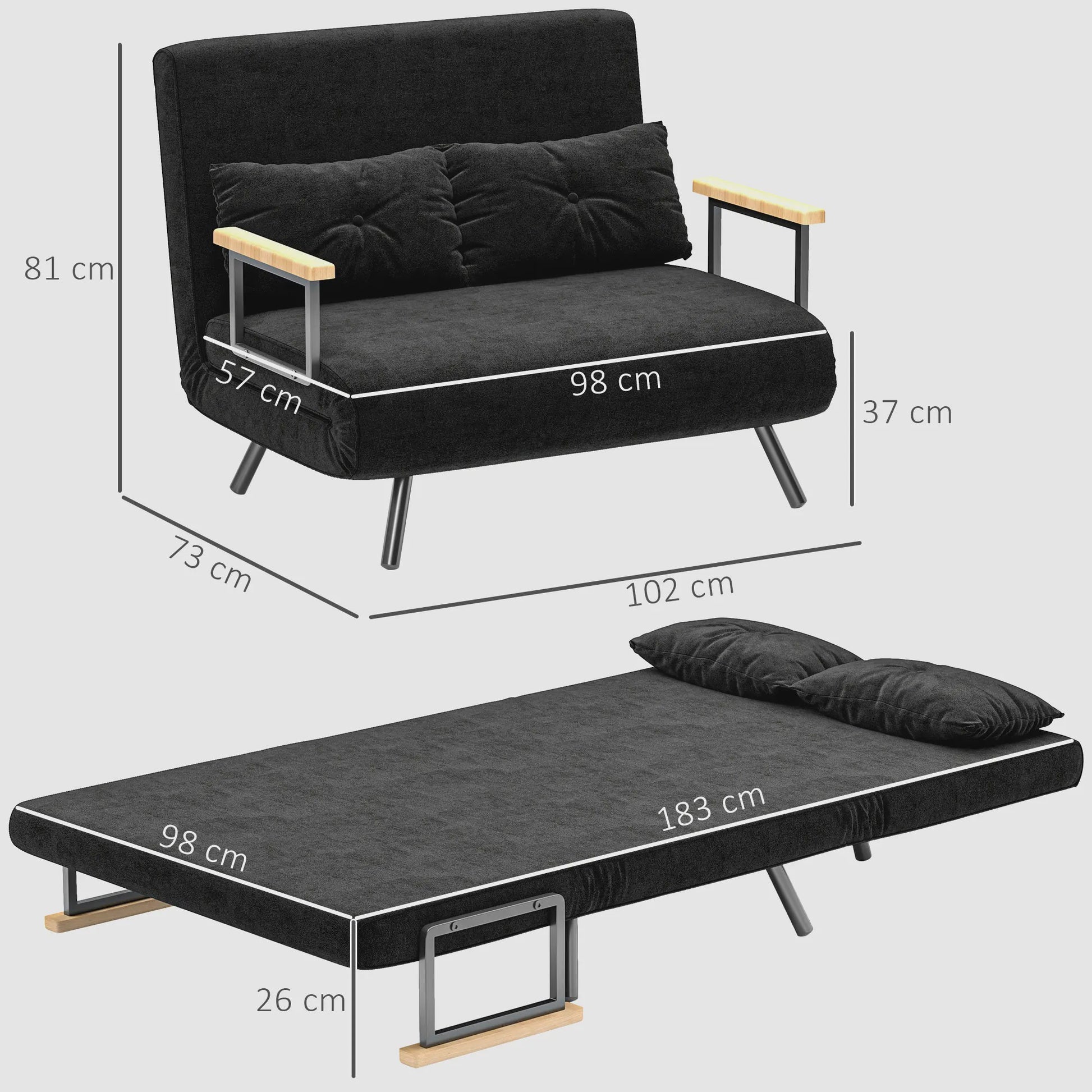 Zwarte 4-in-1 Sofa Bed met Verstelbare Rugleuning en 2 Kussens - Compact en Multifunctioneel