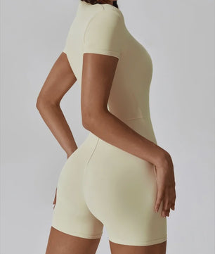 Dames Yoga Jumpsuit met Halve Rits en Opstaande Kraag - Korte Mouwen